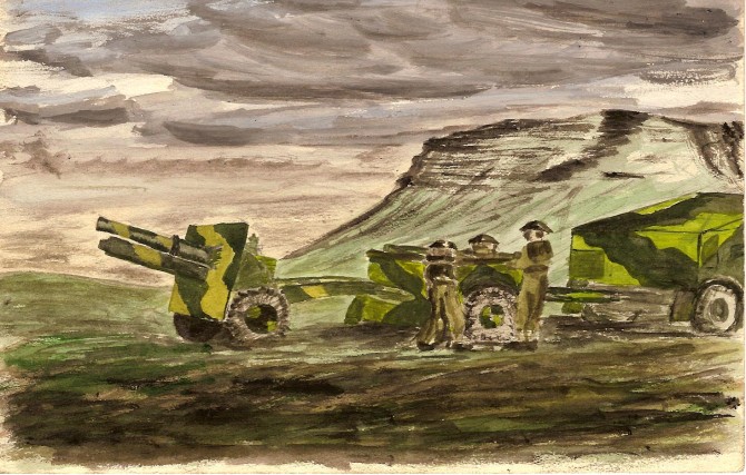 Vatnsmálverk af heræfingu Breta við Lágafell sumarið 1941